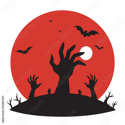 Halloween concept with zombie hand rising out from the ground 