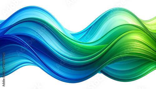 Abstract flowing wave in vibrant blue and green colors on a white background creating a dynamic and modern visual effect.