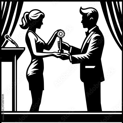Award Ceremony: A distinguished male figure presents an award to a female counterpart on stage, a symbol of appreciation. The event is highlighted by silhouettes.