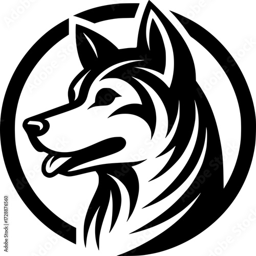 Siberian Husky Logo: A striking Siberian Husky logo, rendered in bold black and white, exuding strength and loyalty within a minimalist design.