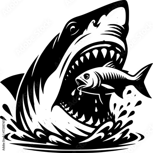 Shark's Predatory Pursuit: A formidable Great White Shark, captured in a moment of intense hunting, its massive jaws open wide as it lunges towards its prey, a fish.