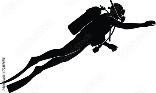 Silhouette of scuba diver swimming underwater with fins and oxygen tank, deep sea diving adventure, marine exploration, underwater sport, isolated on white background