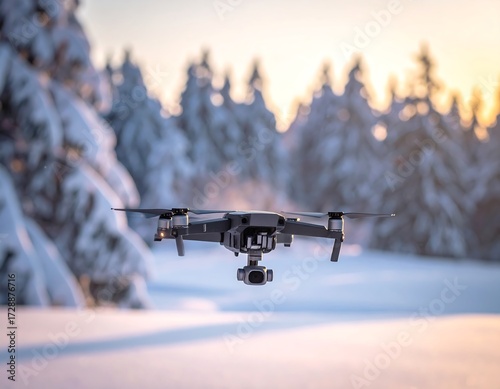 Drone in snowy forest at sunrise