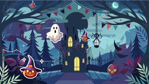 Spooky Halloween castle night scene art