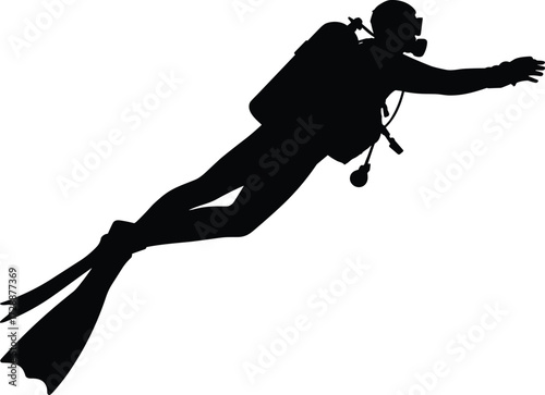 Silhouette of scuba diver swimming underwater with fins and oxygen tank, snorkeling gear, underwater exploration, deep sea diving adventure, isolated black figure on white background