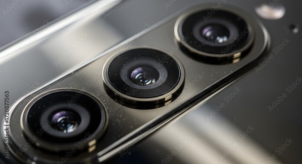 Fototapeta premium Detailed macro view of a modern smartphone's sophisticated triple-lens camera module, showcasing advanced optical and imaging technology