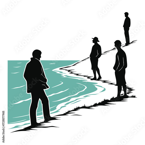Silhouettes of people standing on a sandy beach looking out at the ocean waves