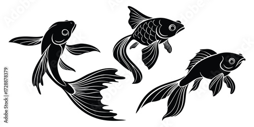 Three stylized black goldfish swimming in a fluid artistic linocut style illustration