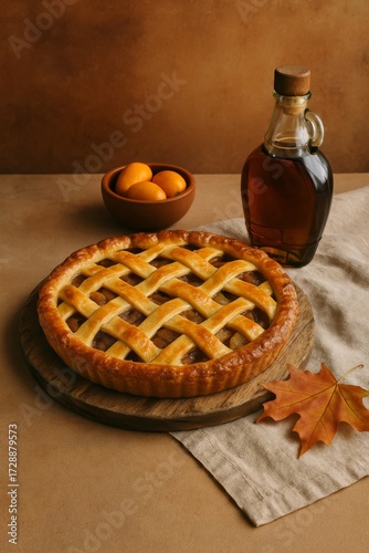 A delicious apple pie with maple syrup and fruit, a seasonal autumnal scene