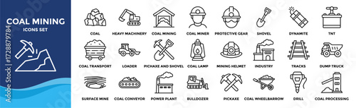 Coal Mining icon set. Containing design Heavy Machinery, Protective Gear, Coal,Coal Mining, Coal Miner