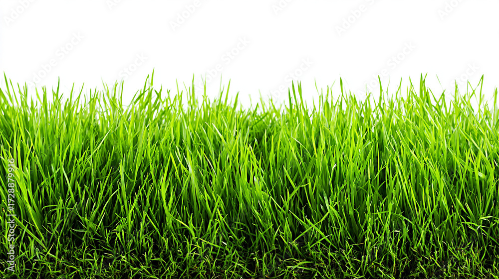 Obraz premium Lush green grass with vibrant blades against a white background. Ideal for nature themes and landscaping concepts.