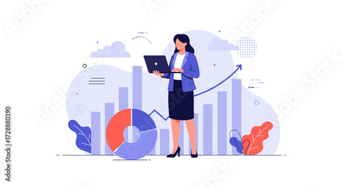 A woman analyzing financial data with charts and graphs on a laptop.