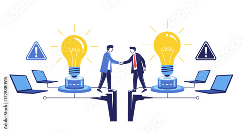 Two businessmen shaking hands between two giant lightbulbs symbolizing a new business idea.
