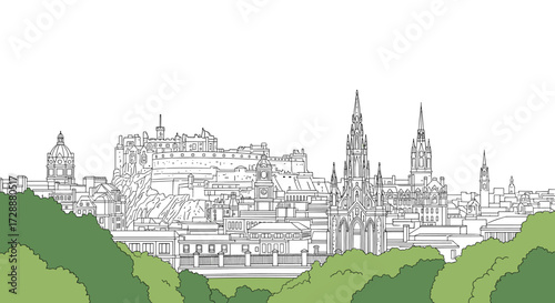 An artistic sketch of a historic city skyline with green trees in the foreground.