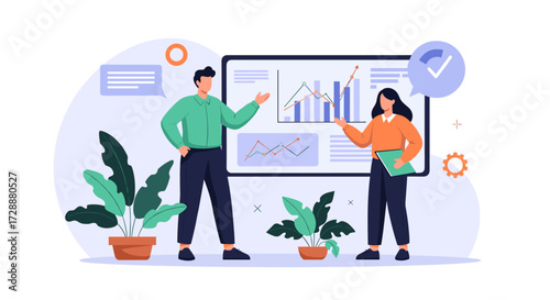 Two people discussing financial performance and business growth strategies.