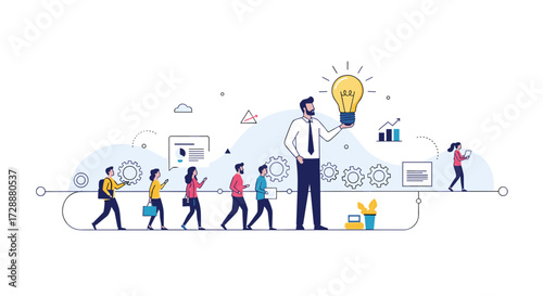 A man holding a bright idea light bulb while a diverse group of people walk in a line behind him.