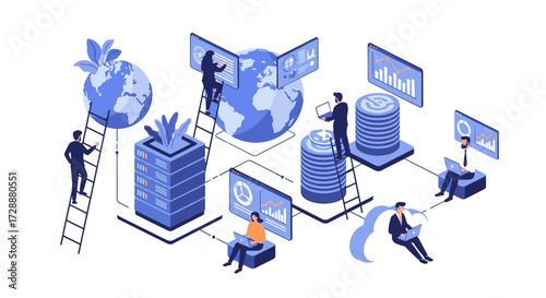 Illustrating the complex interconnectedness of global data analysis and information technology systems.