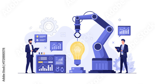 Robotic arm assembling a bright idea bulb with business professionals analyzing data.