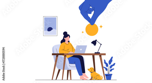 Woman working on a laptop with a coin being dropped into a hand above her head.