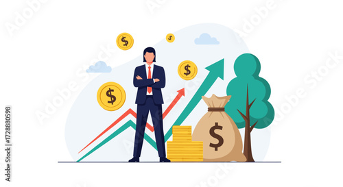 A successful businessman stands confidently with arms crossed and stacks of money behind him, illustrating financial growth and investment.