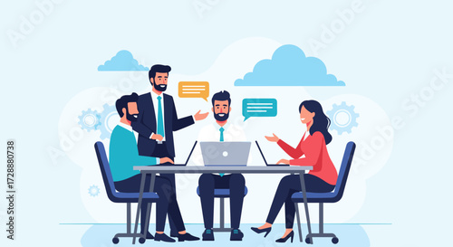 Diverse group of professionals engaged in a collaborative meeting discussing ideas around a table with laptops and speech bubbles overhead.