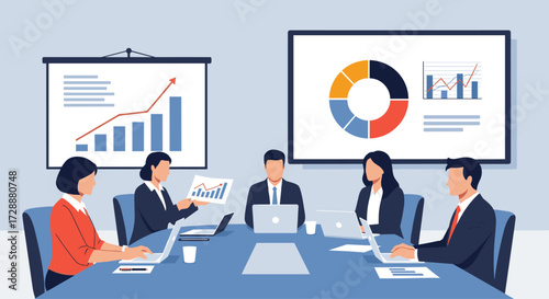Business people gathered in a conference room discussing financial reports and charts