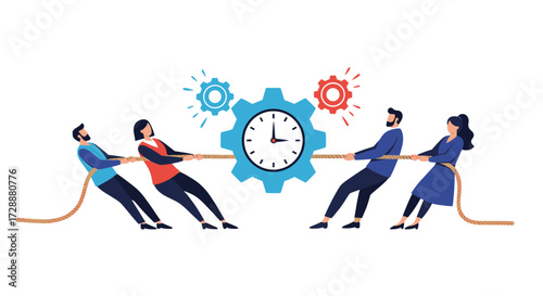 Team members engaged in a tug of war around a clock and gears symbolizing time management.