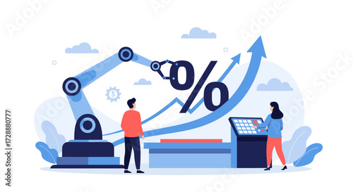Automated production processes driving financial growth and efficiency with people overseeing operations.