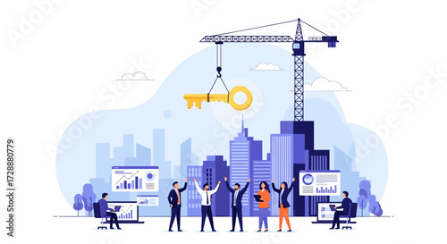 Business growth and development in a modern city with a crane lifting a key symbol.