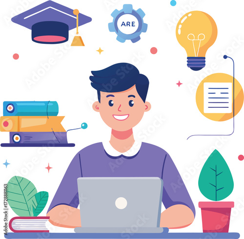 Happy Student Engaged in Online Learning with Laptop and Graduation Cap
