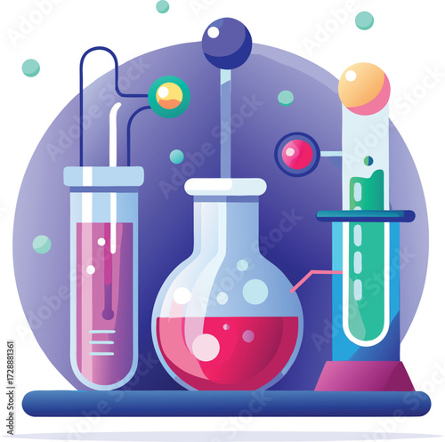 Vibrant Chemical Lab Equipment Illustration with Flasks and Scientific Experiment