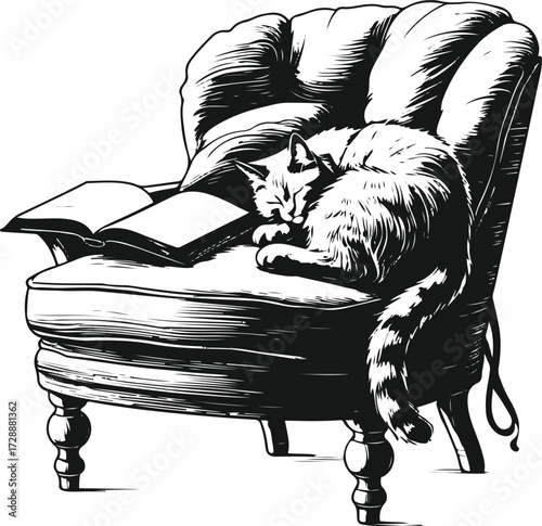 Line art of a cozy chair with a book left open, and a cat curled up — story of quiet afternoons and peace 1.