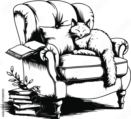 Line art of a cozy chair with a book left open, and a cat curled up — story of quiet afternoons and peace