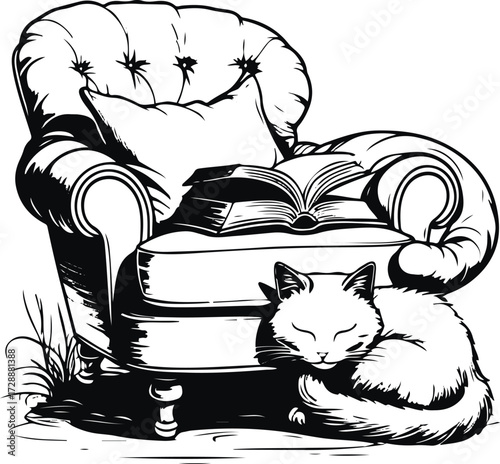  Line art of a cozy chair with a book left open, and a cat curled up — story of quiet afternoons and peace 2