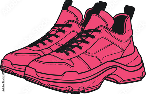 Line art of streetwear sneakers, chunky sole, modern fashion illustration, bold outline 2