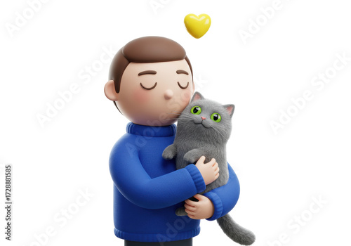 Cartoon man holding a gray cat PNG illustration isolated on transparent background Love and care for pets