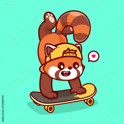 Cute Red Panda Playing Skateboard Cartoon