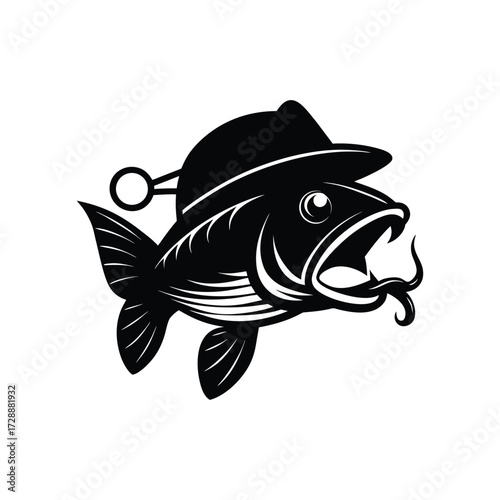Carp fish head silhouette with fisherman cap and hook glasses vector art illustration
