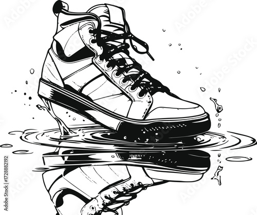 Streetwear sneaker line art, a single shoe stepping on a puddle, creating ripples story of moving forward despite challenges 1