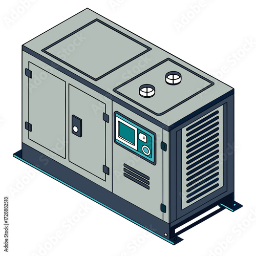 Silent power generator with cupboard box and engine motor, isometric isolated for industrial and construction equipment.