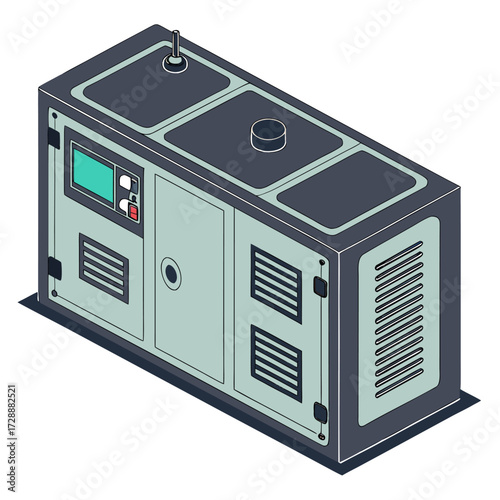 Silent generator unit with engine motor and cupboard enclosure, isometric isolated illustration for industry and construction equipment.