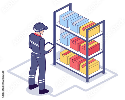 Isometric isolated vector of an industrial worker managing tools in a storeroom and tool crib environment.