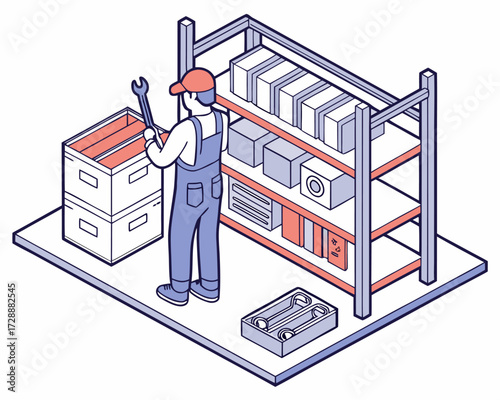 Technician selecting tools in a storeroom with tool crib management for industrial manufacturing, isometric isolated vector illustration.