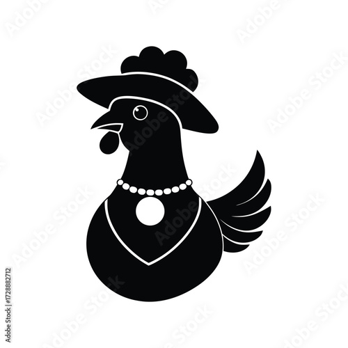 Chicken head silhouette with farm hat and egg necklace vector art illustration