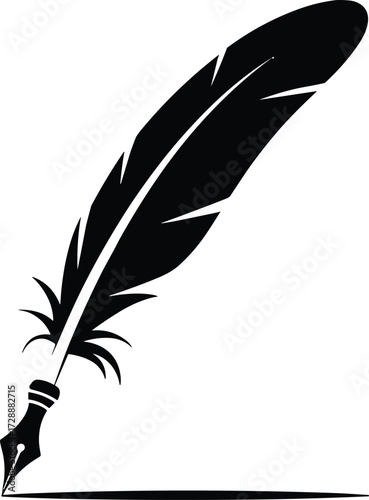  Vintage feather quill pen silhouette, elegant calligraphy writing tool icon, traditional ink pen vector illustration for literature, history, poetry, art design