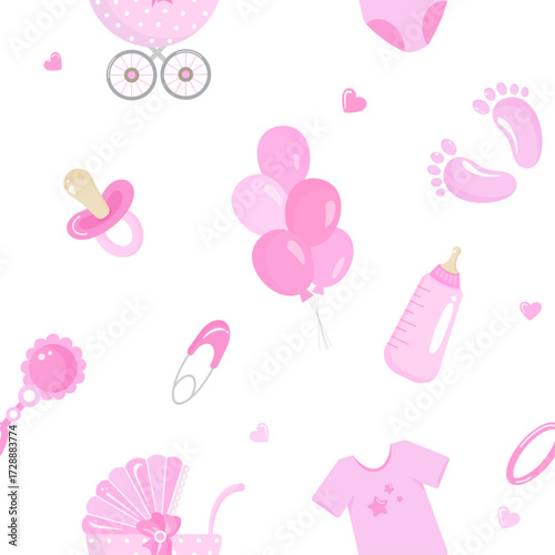 Seamless vector pattern with baby girl elements: stroller, balloons, pacifier, bottle, footprints, bodysuit and rattle in pink tones. Perfect for baby shower, newborn design, wrapping or textiles.