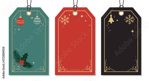Festive Christmas gift tags in green, red, and black designs, holiday label set for greeting cards, winter celebration, seasonal decoration, printable template concept
