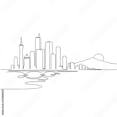 Modern city skyline panorama black on transparent background, corporate background for presentation, urban development