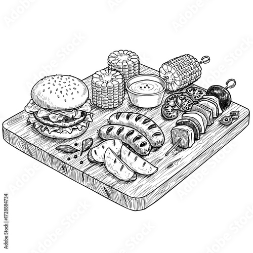 Summer BBQ platter with burgers, sausages, and grilled corn on rustic board, grilled food assortment for picnic, party, restaurant menu, holiday celebration