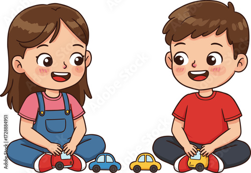 PrintCartoon boy and girl playing with toy cars, happy children sitting together, friendship, kids activity, fun childhood playtime illustration